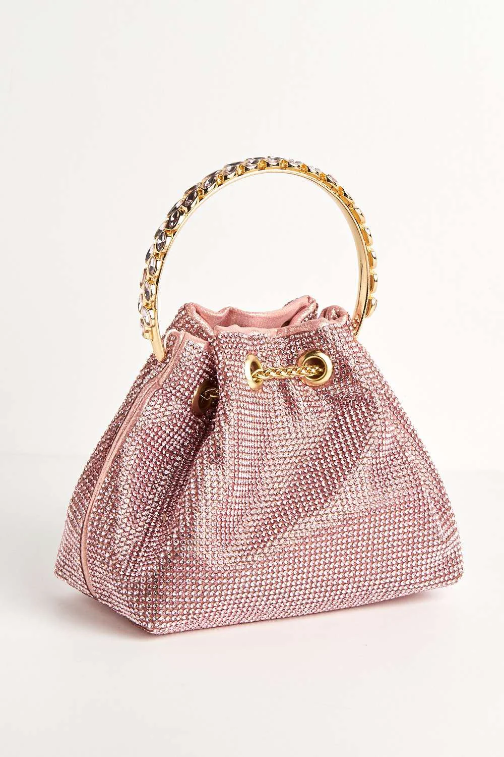 Boujee Diamante Embellished Pouch Bag with Metal Handle in Pink - Image 3