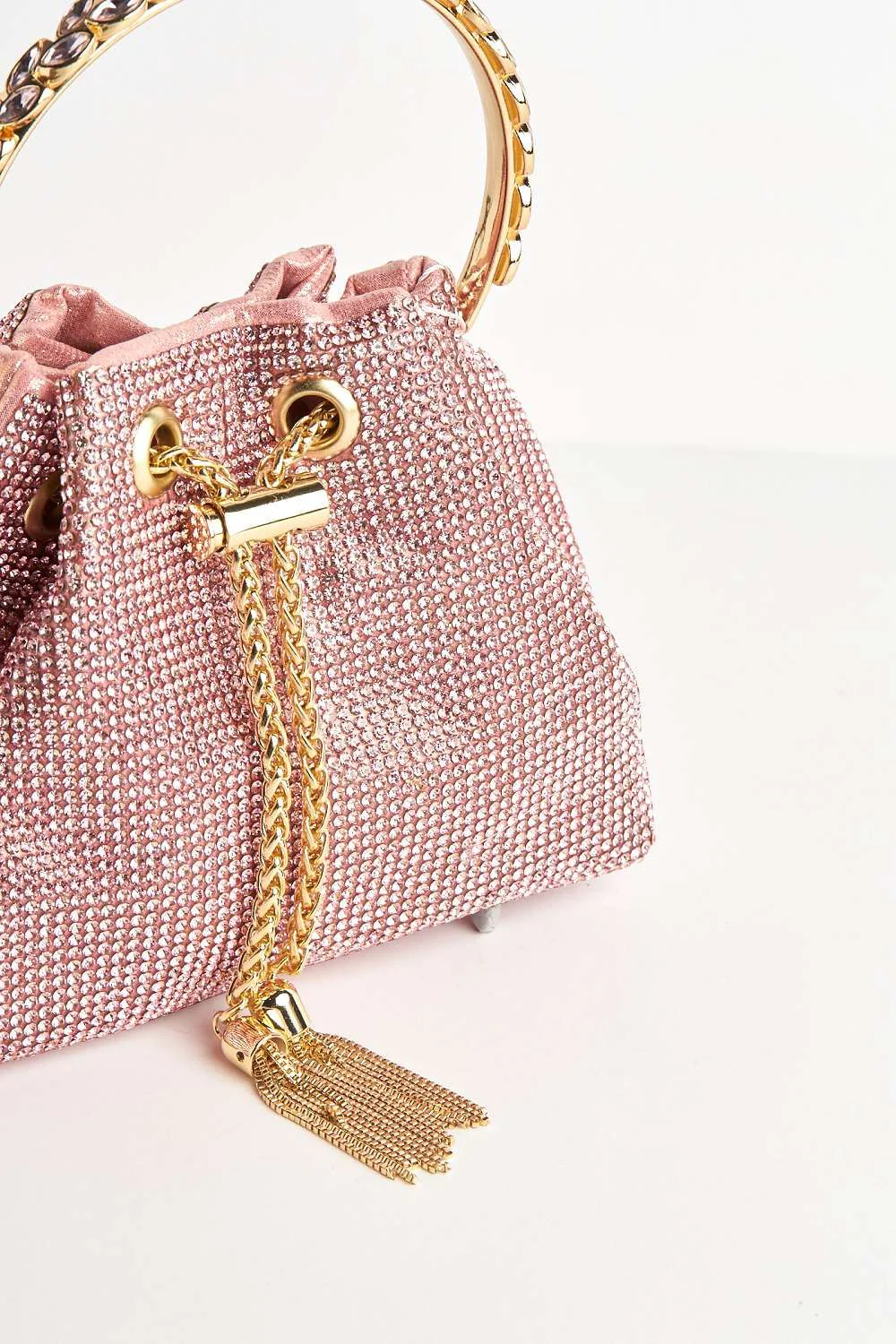 Boujee Diamante Embellished Pouch Bag with Metal Handle in Pink - Image 4