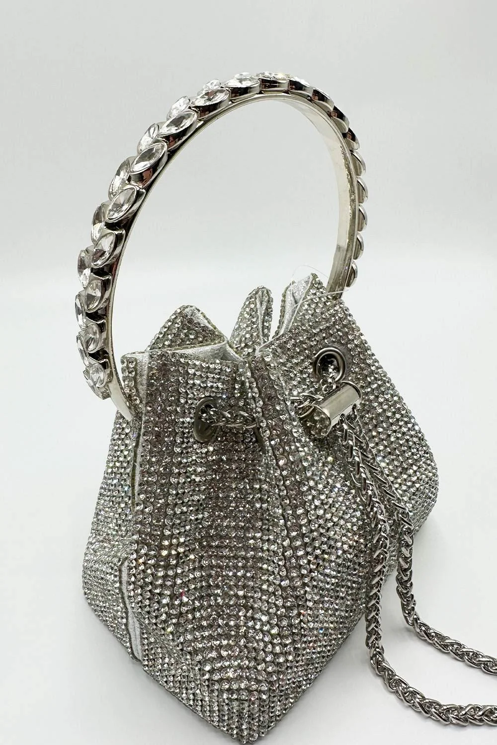 Boujee Diamante Embellished Pouch Bag with Metal Handle in Silver - Image 2