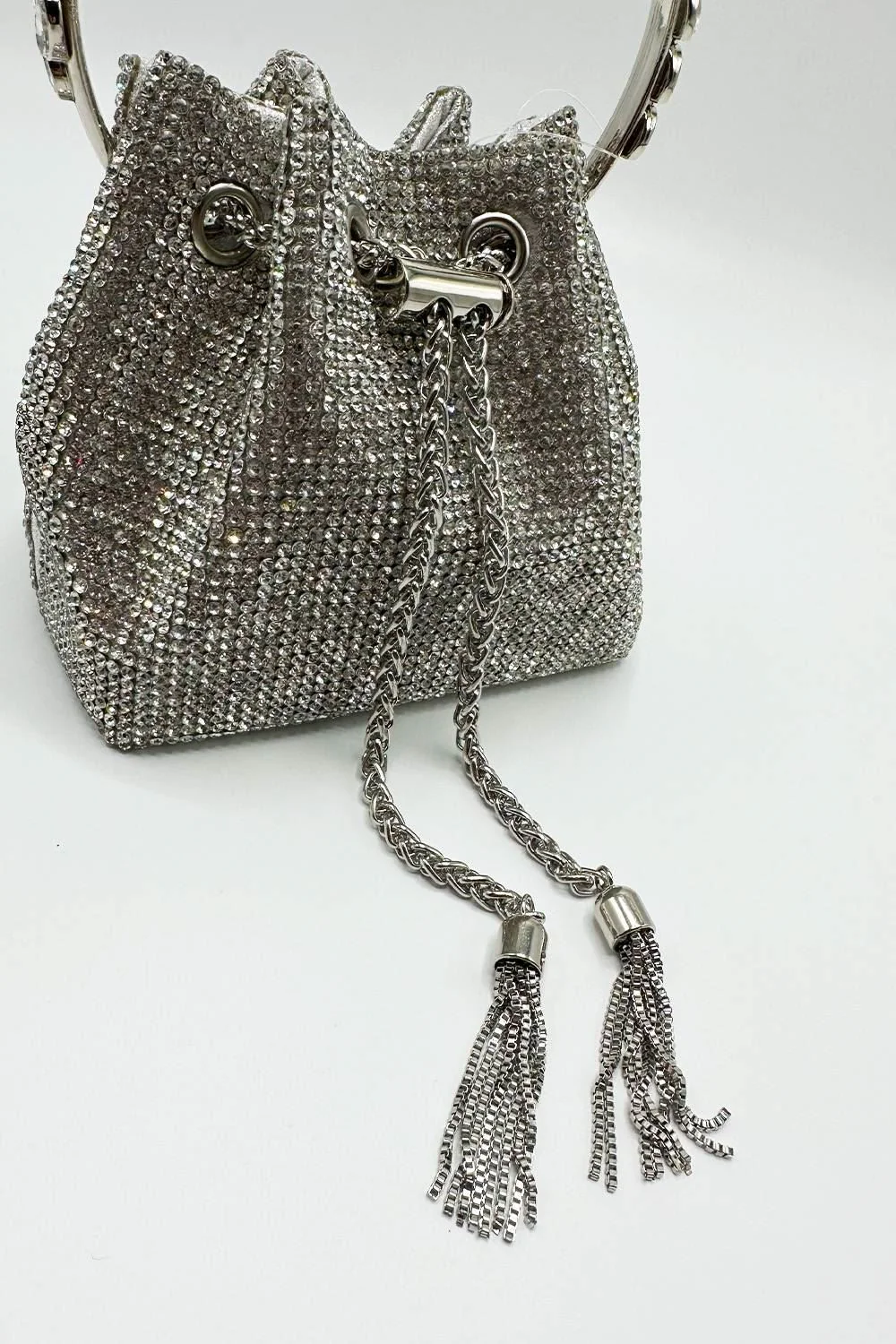 Boujee Diamante Embellished Pouch Bag with Metal Handle in Silver - Image 3