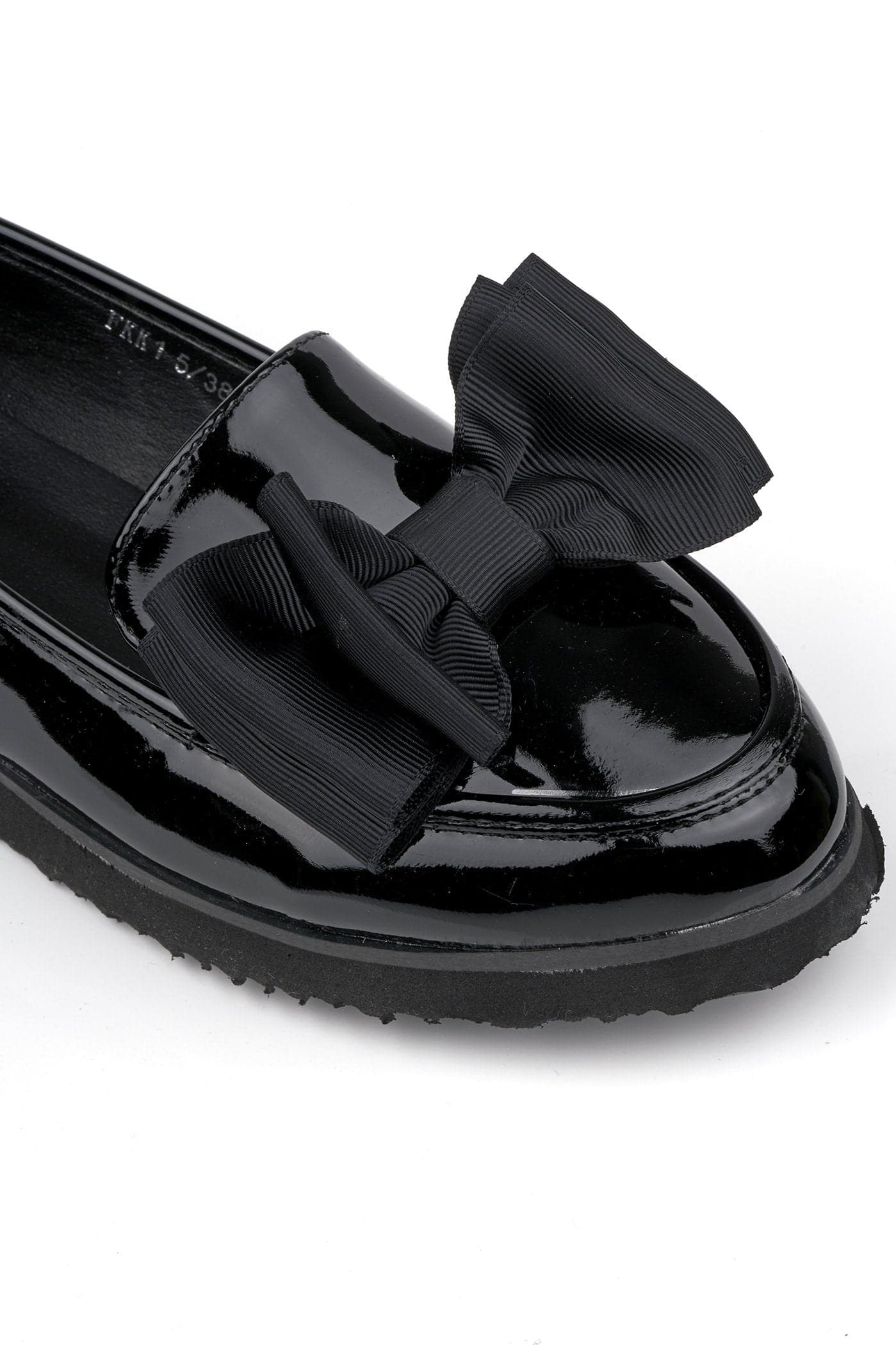 Ada Bow Detail Cleated Flatform Sole Loafers in Black Patent - Image 6