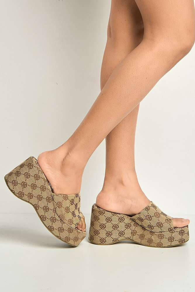 Brianna Printed Flower Detail Wedge Sandals in Brown - Image 3