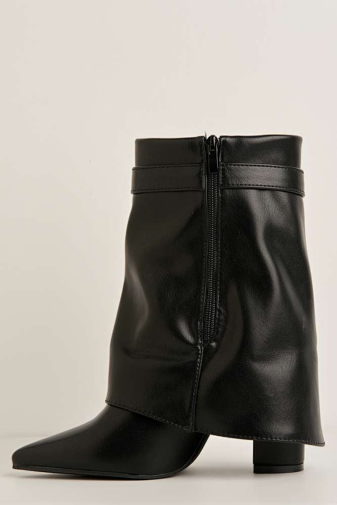 Caiora Block Heel Pointy Toe Gold Trim Buckle Collar Covered Ankle Boots in Black - Image 5