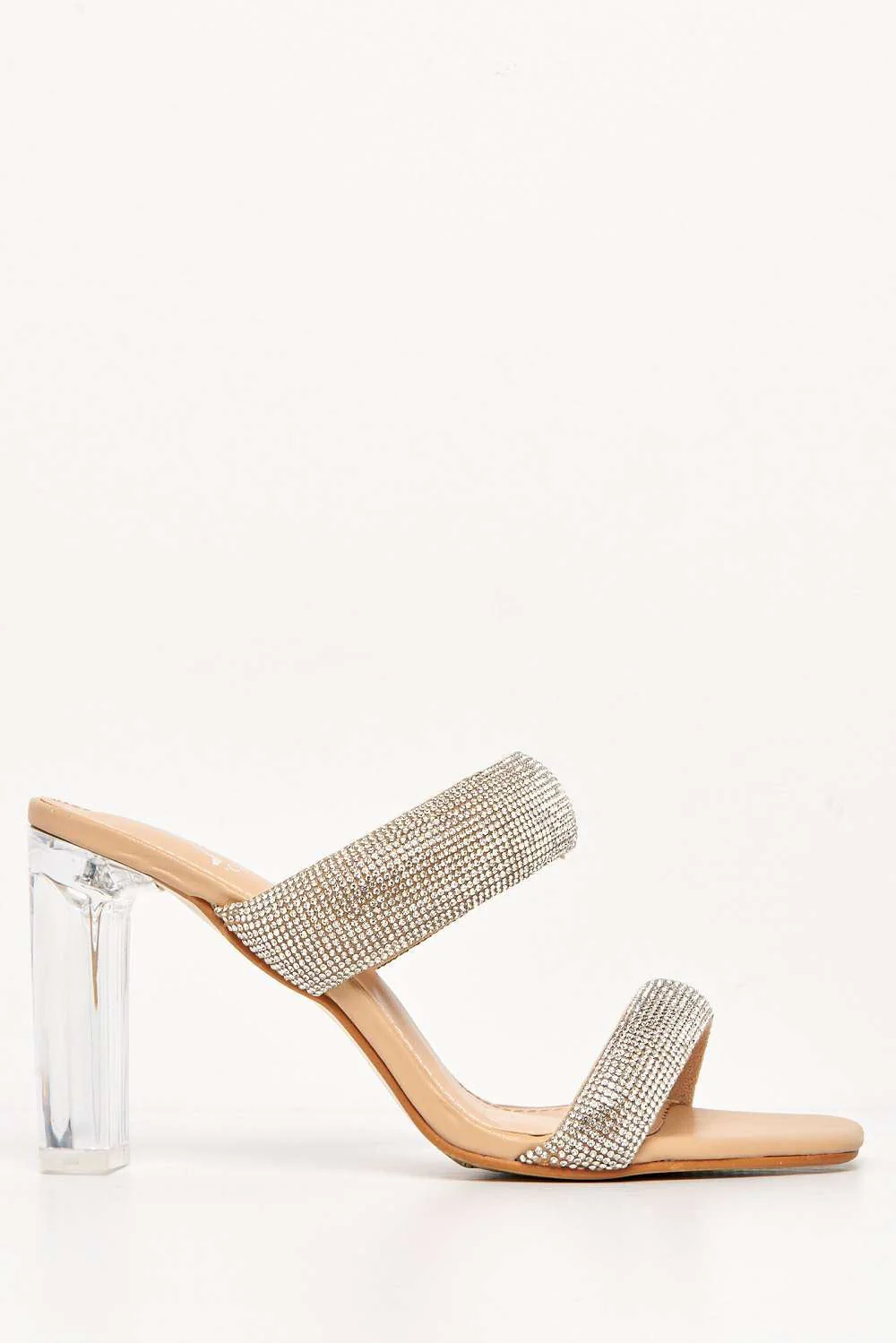 Cait 2 Strap Diamante Band Block Heel Mule in Beige - Image 4