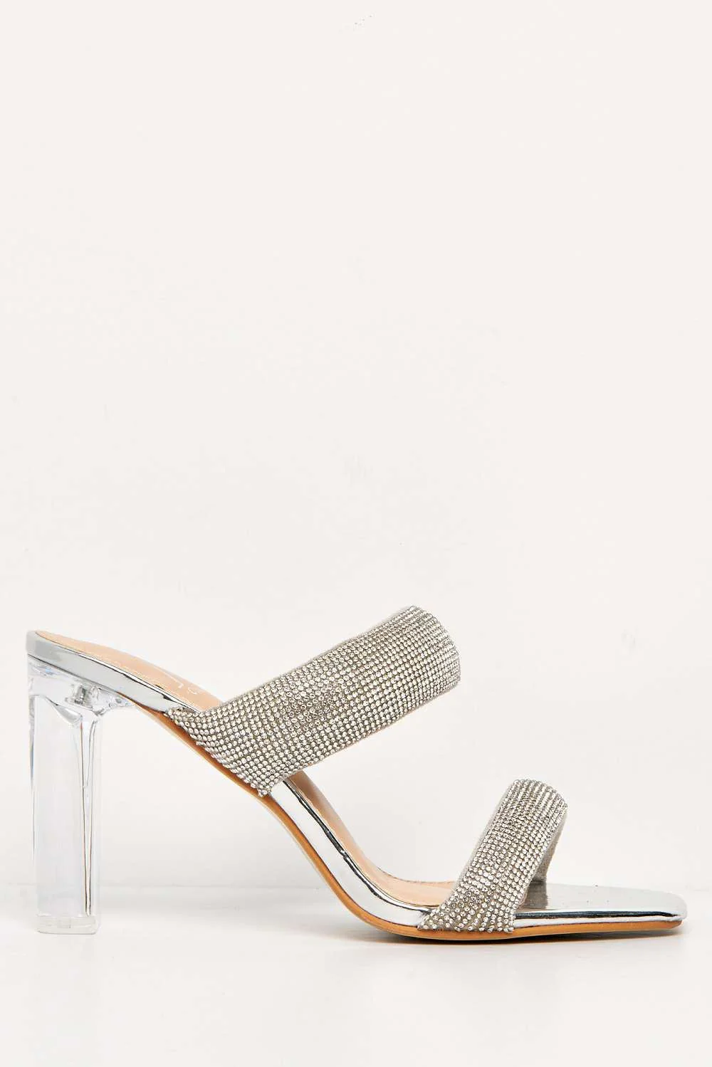 Cait 2 Strap Diamante Band Block Heel Mule in Silver - Image 4