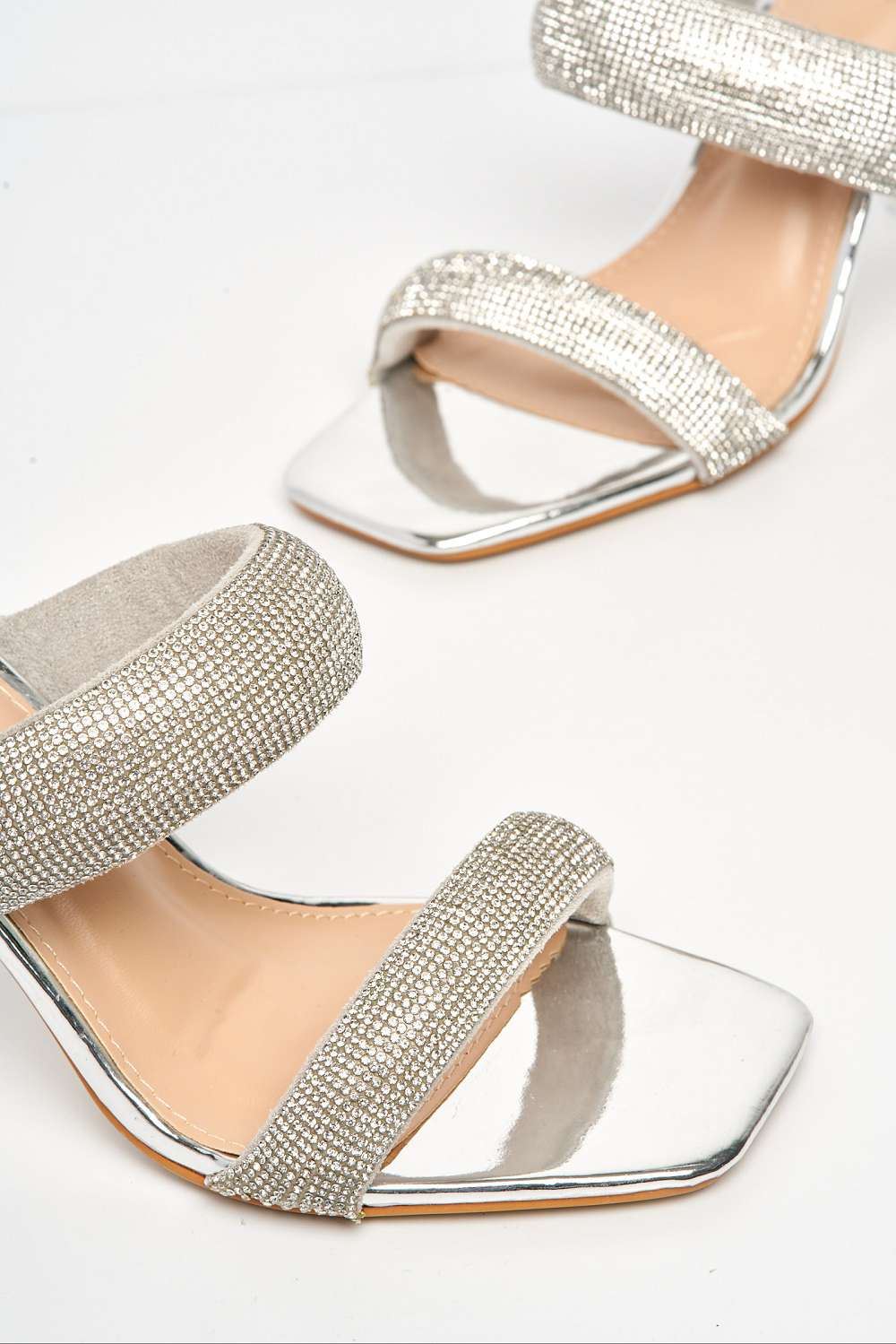 Cait 2 Strap Diamante Band Block Heel Mule in Silver - Image 5