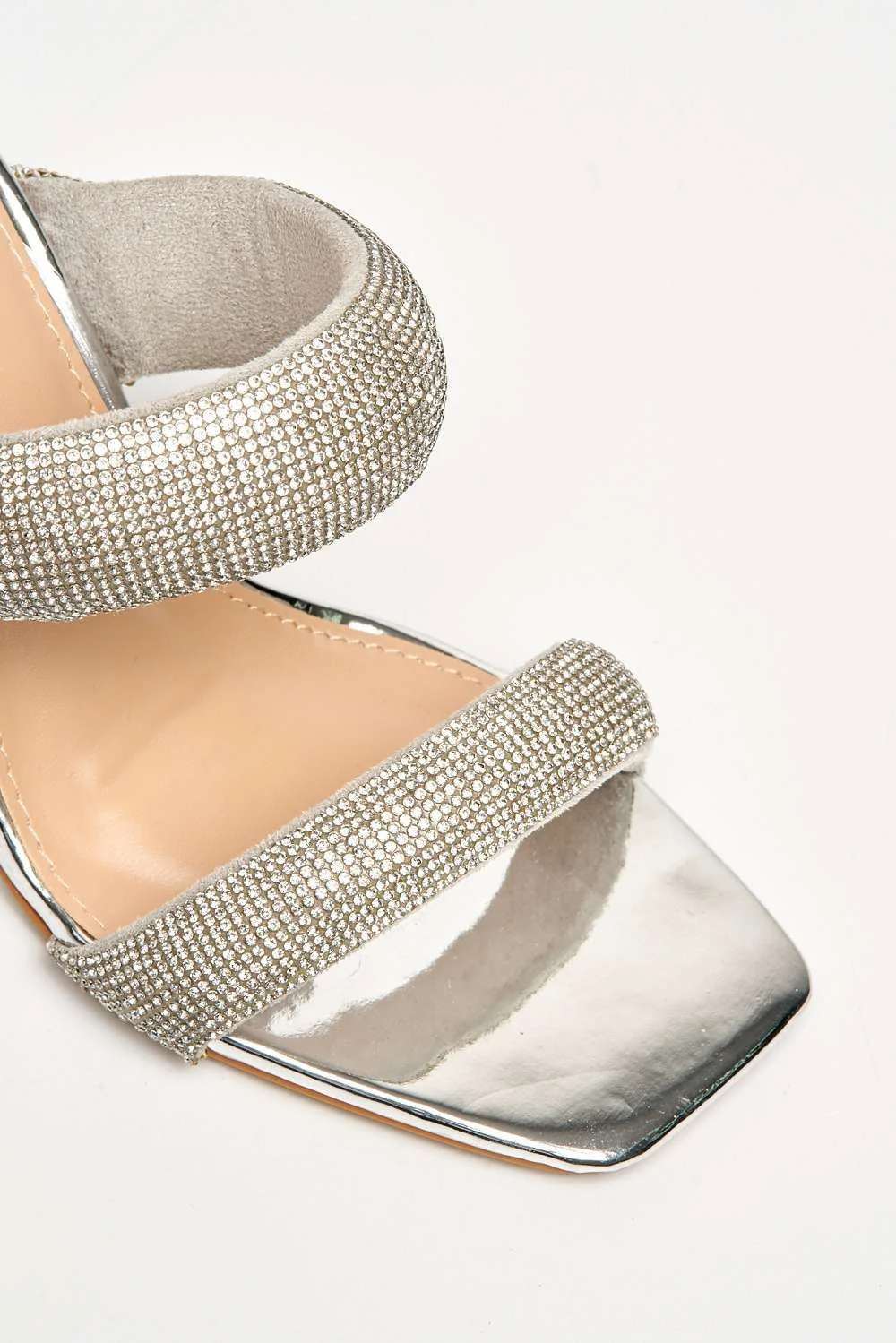 Cait 2 Strap Diamante Band Block Heel Mule in Silver - Image 6