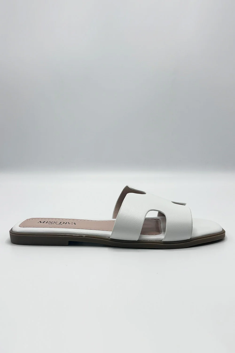 California Faux Leather Cut Out Open Toe Flat Slider In White - Image 3