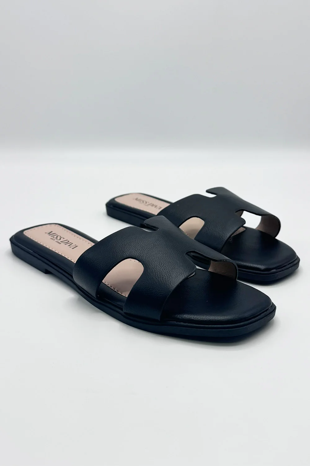 California Faux Leather Open Toe Flat Slider in Black - Image 5