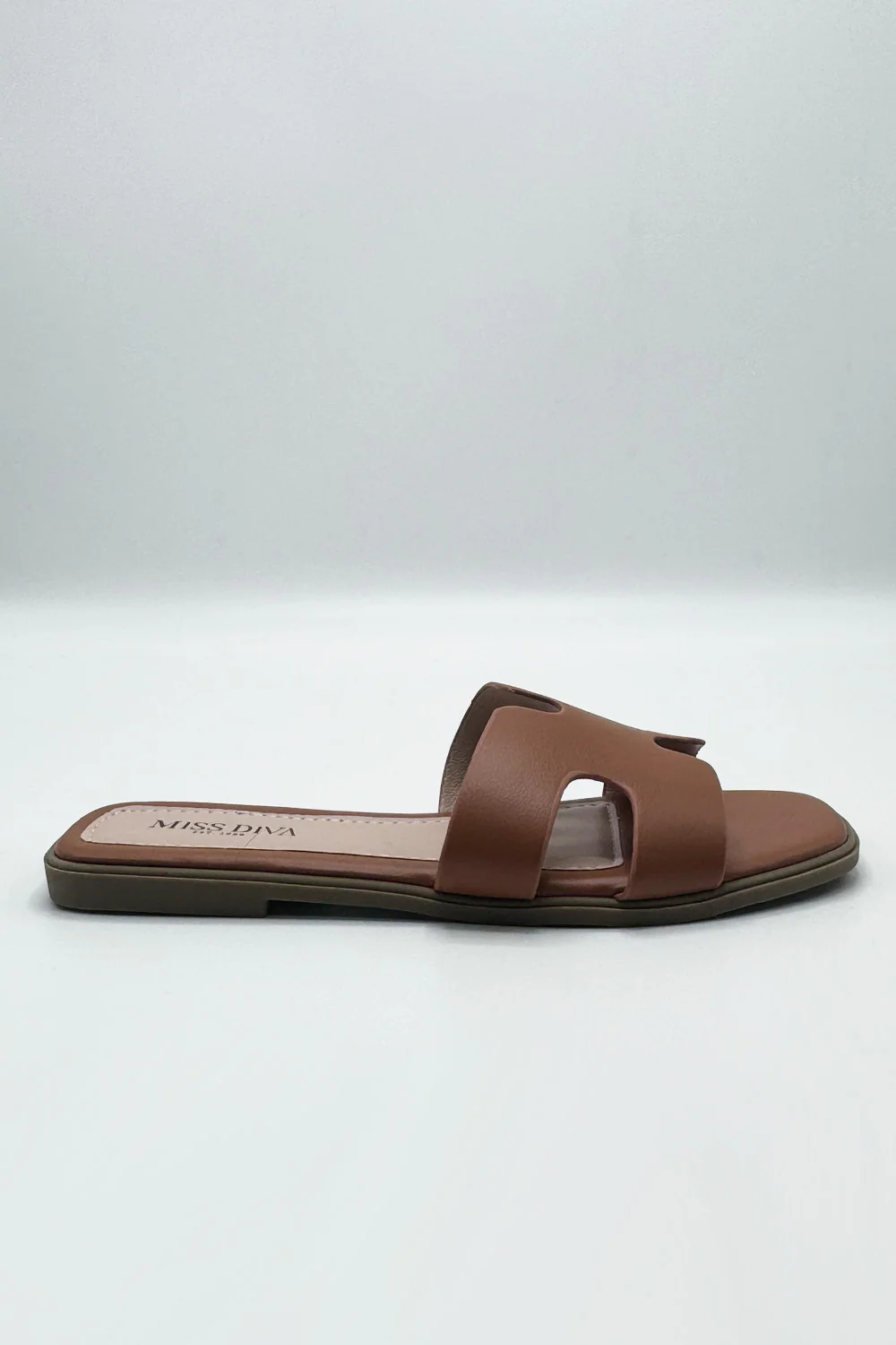 California Faux Leather Open Toe Flat Slider in Tan Matt - Image 6