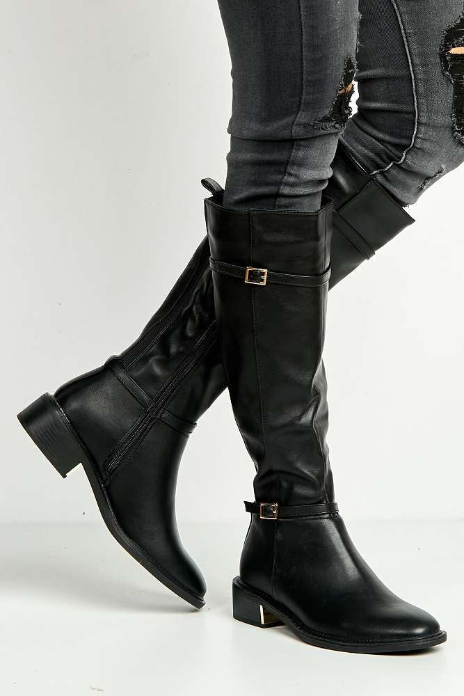 Calista 2 Buckle Strap Low Heel Calf Boots in Black - Image 2