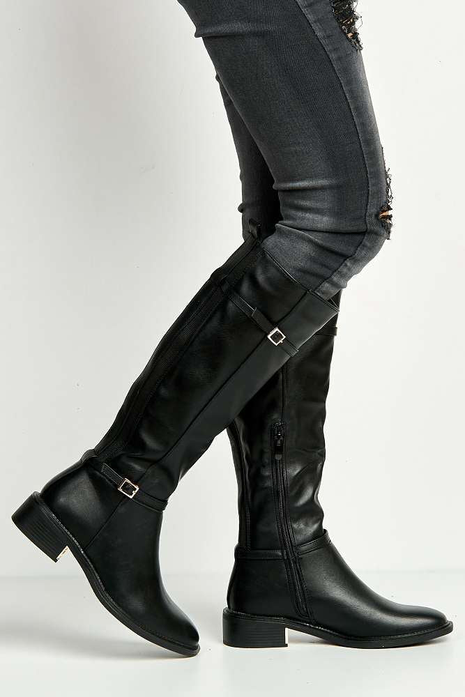 Calista 2 Buckle Strap Low Heel Calf Boots in Black - Image 3