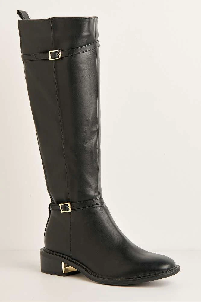 Calista 2 Buckle Strap Low Heel Calf Boots in Black - Image 4
