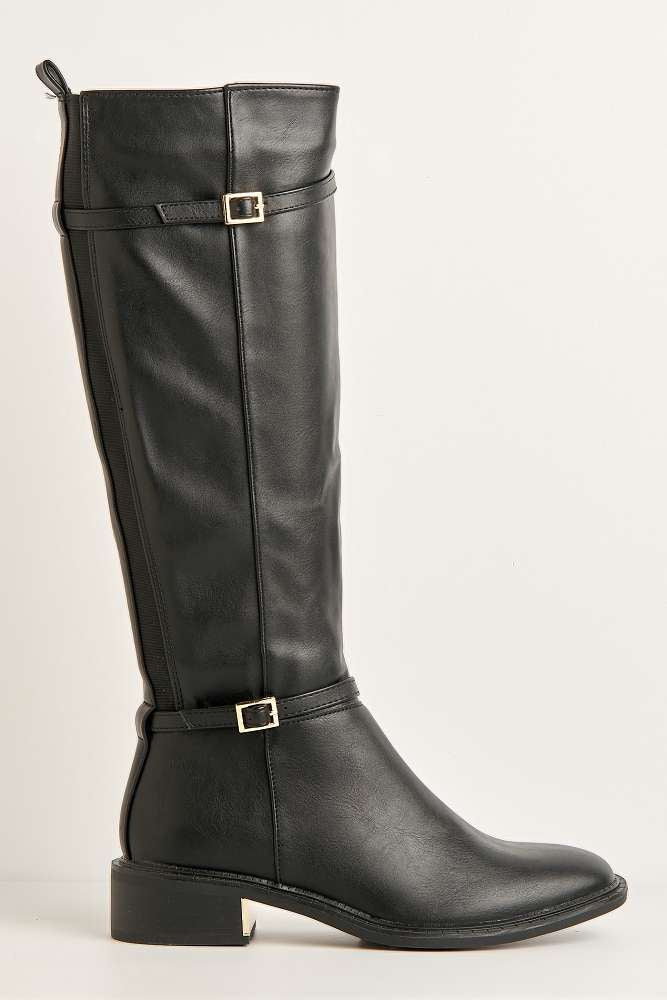 Calista 2 Buckle Strap Low Heel Calf Boots in Black - Image 6