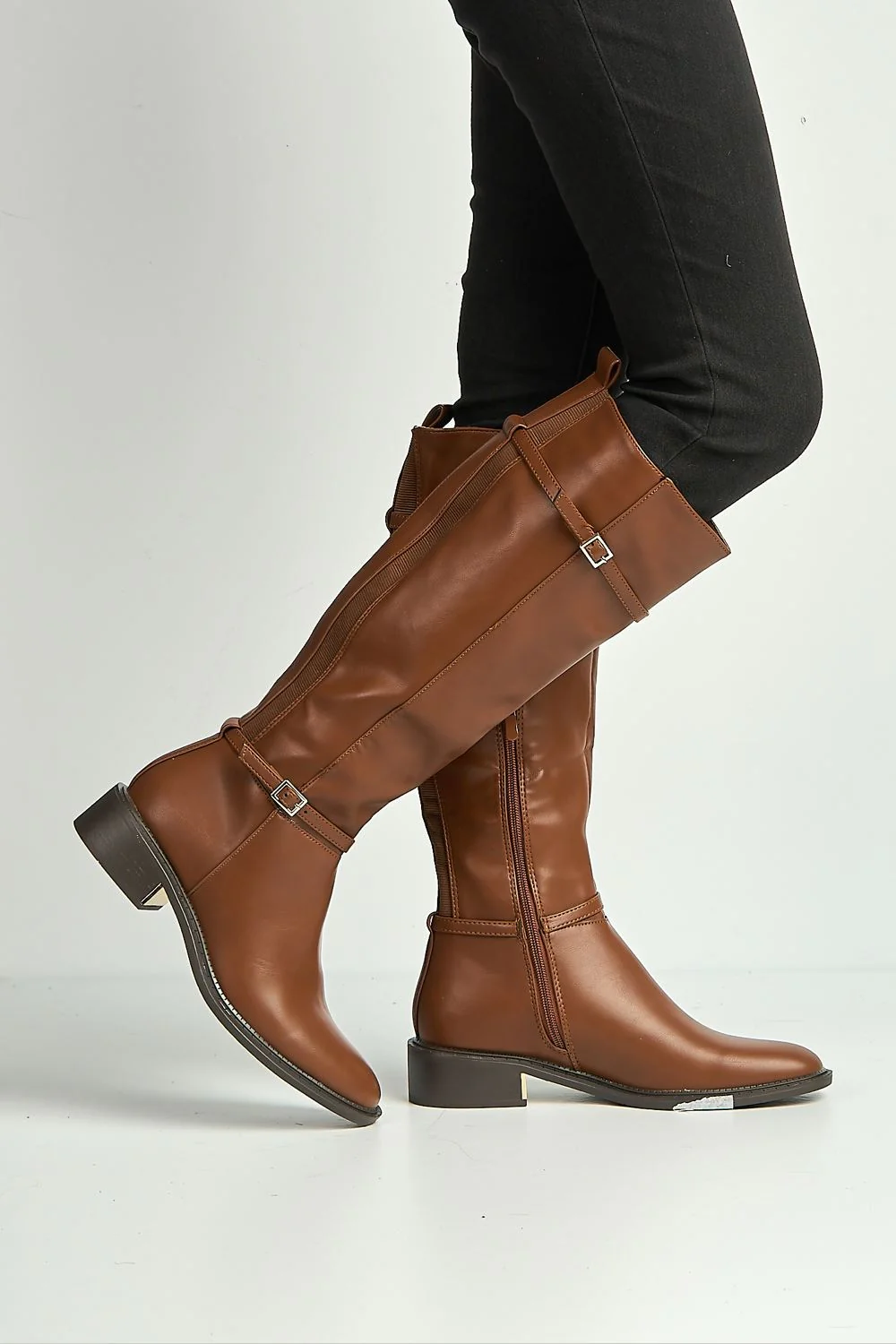 Calista 2 Buckle Strap Low Heel Calf Boots in Tan - Image 3