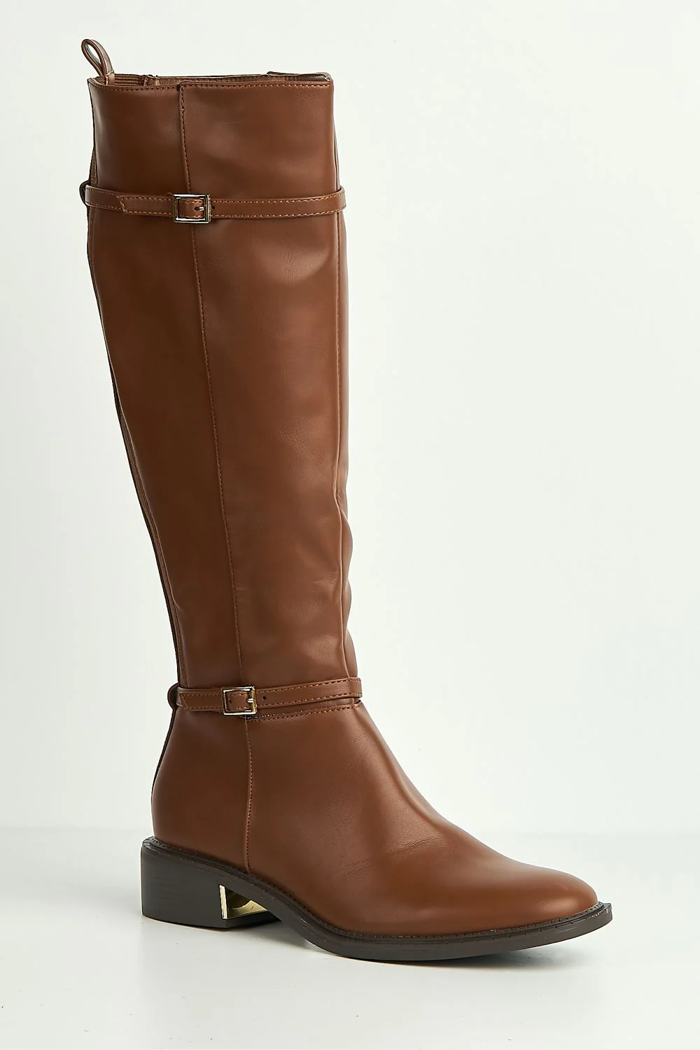 Calista 2 Buckle Strap Low Heel Calf Boots in Tan - Image 4