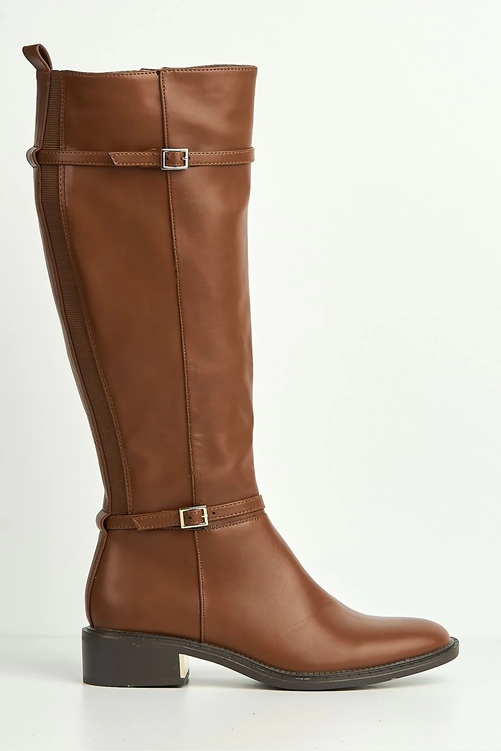 Calista 2 Buckle Strap Low Heel Calf Boots in Tan - Image 5