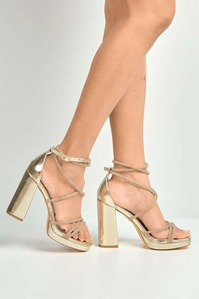 Callista Platform Block Diamante Strappy Heels in Gold - Image 3