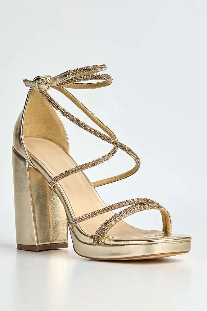 Callista Platform Block Diamante Strappy Heels in Gold - Image 4
