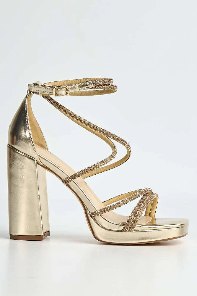Callista Platform Block Diamante Strappy Heels in Gold - Image 6