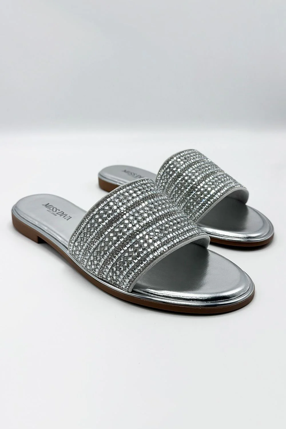 Camille Diamante Embellished Strap Sliders in Silver - Image 3
