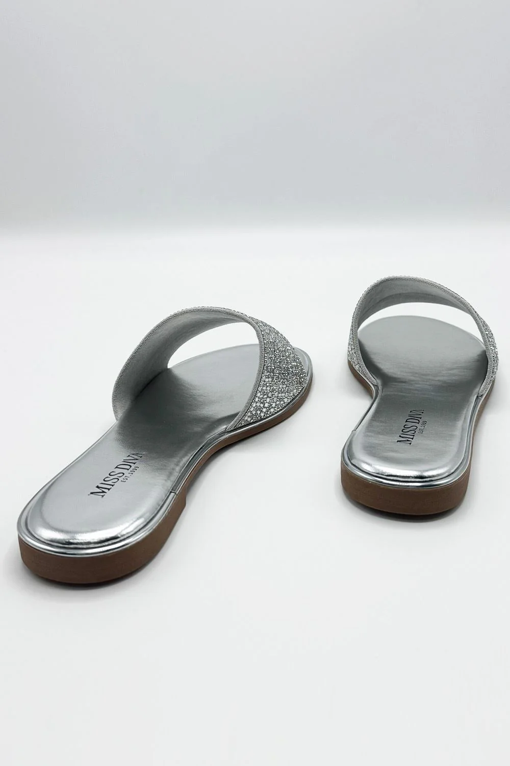 Camille Diamante Embellished Strap Sliders in Silver - Image 5