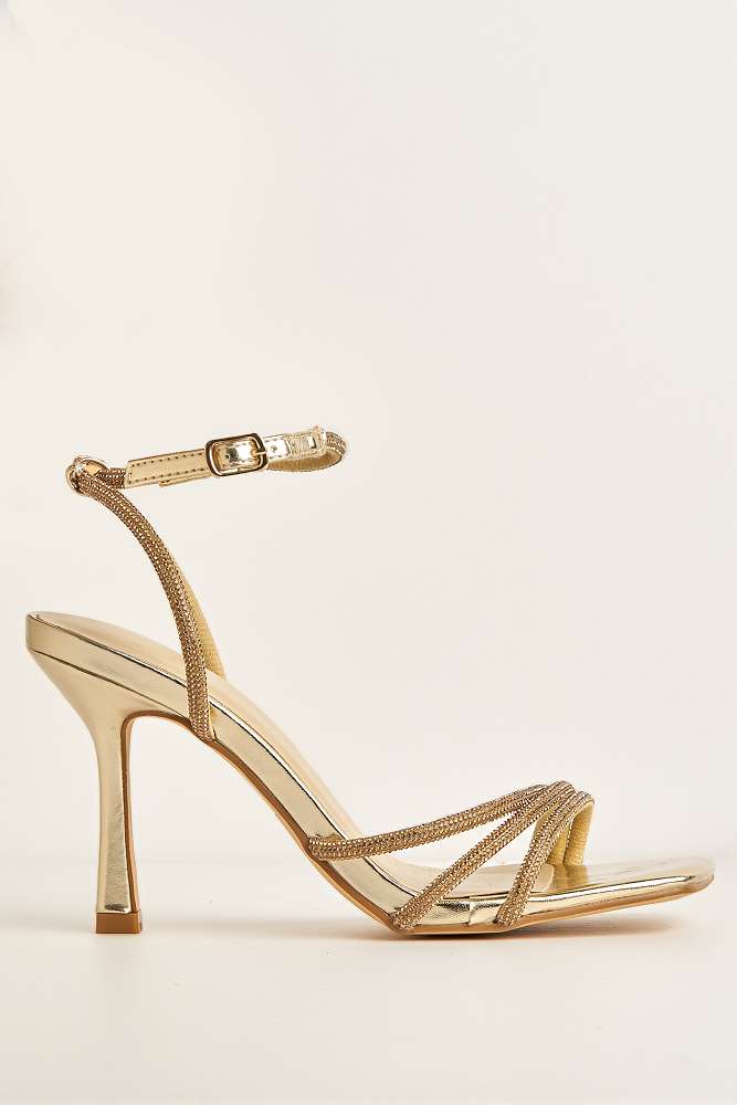 Camina Diamante Embellished 3 Strap Heeled Sandals in Gold - Image 4