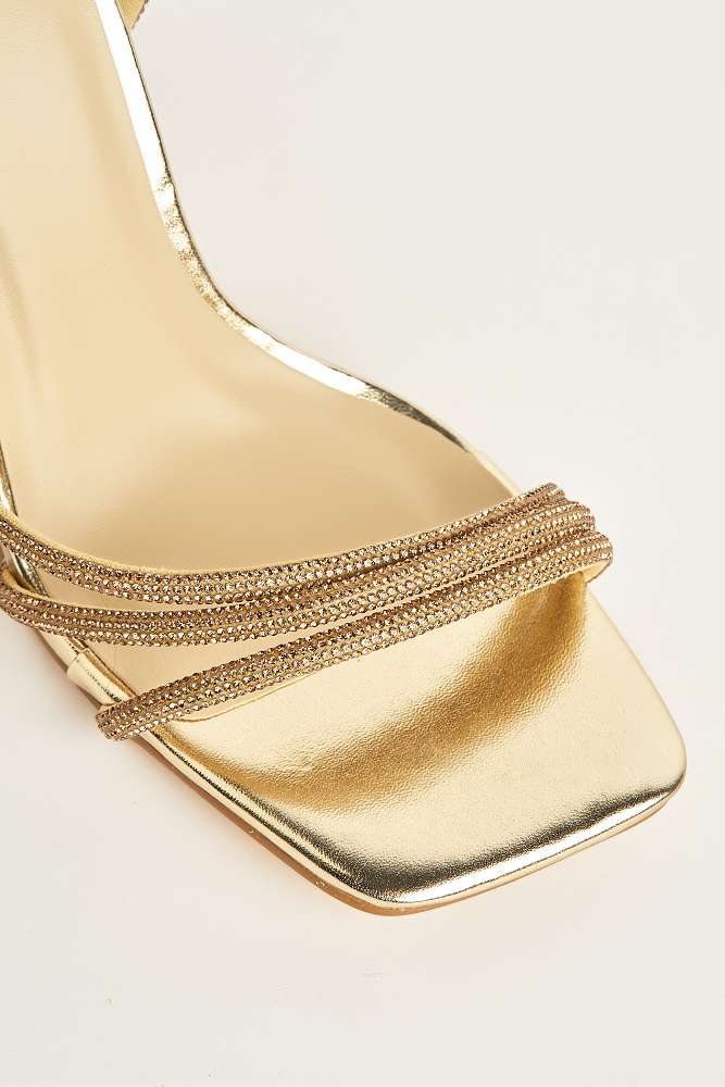 Camina Diamante Embellished 3 Strap Heeled Sandals in Gold - Image 5
