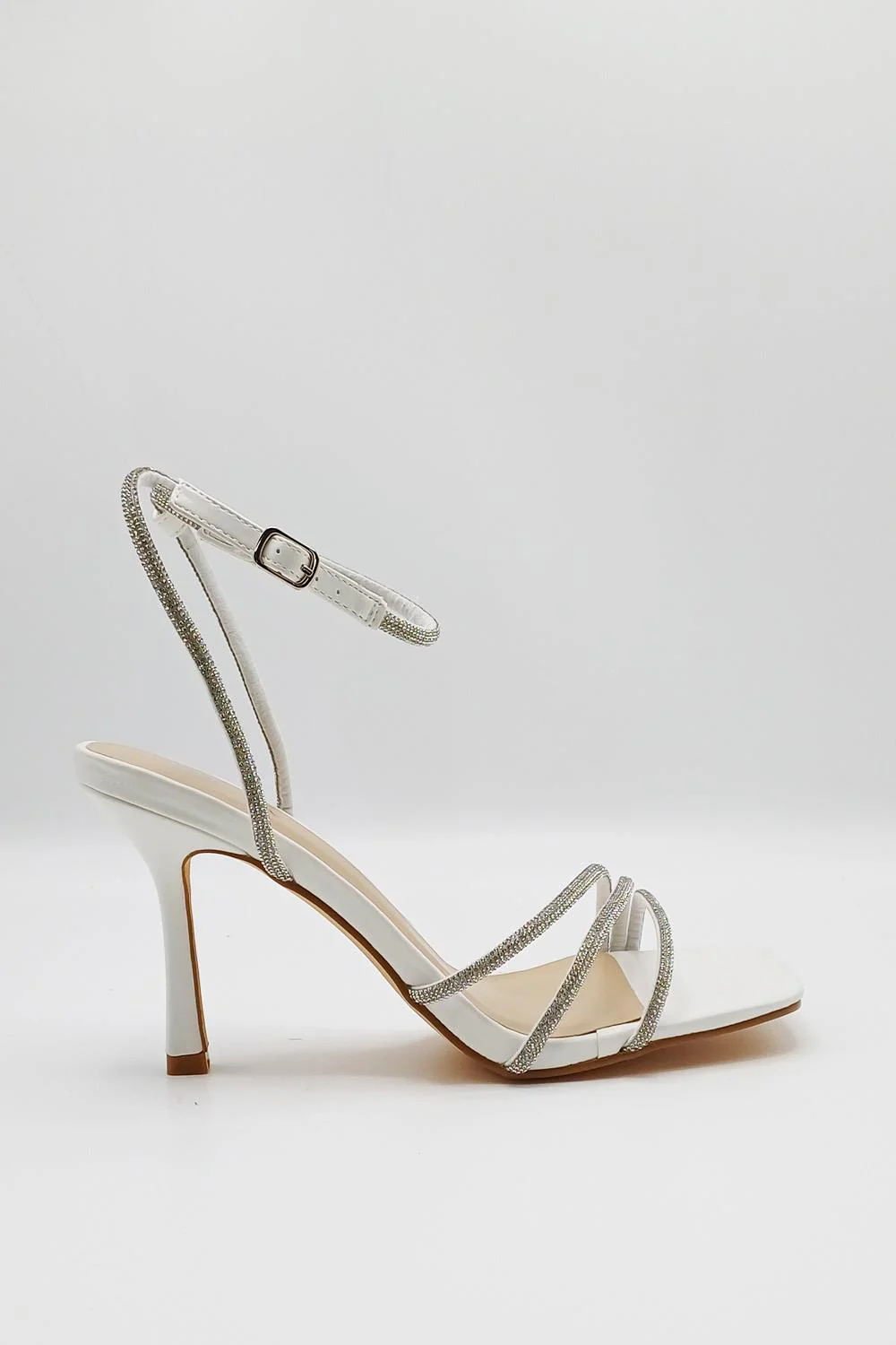 Camina Diamante Embellished 3 Strap Heeled Sandals in White - Image 5