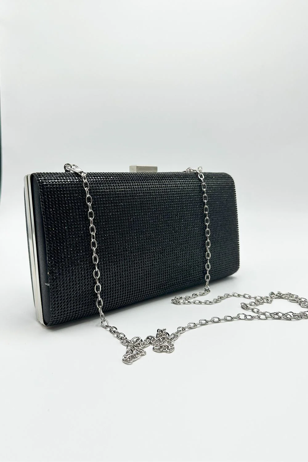 Carna Diamante Embellished Rectangle Clutch Bag in Black - Image 3