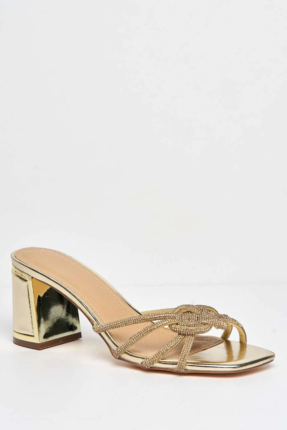 Casia Diamante Embellished Square Toe Heeled Mules in Gold - Image 4