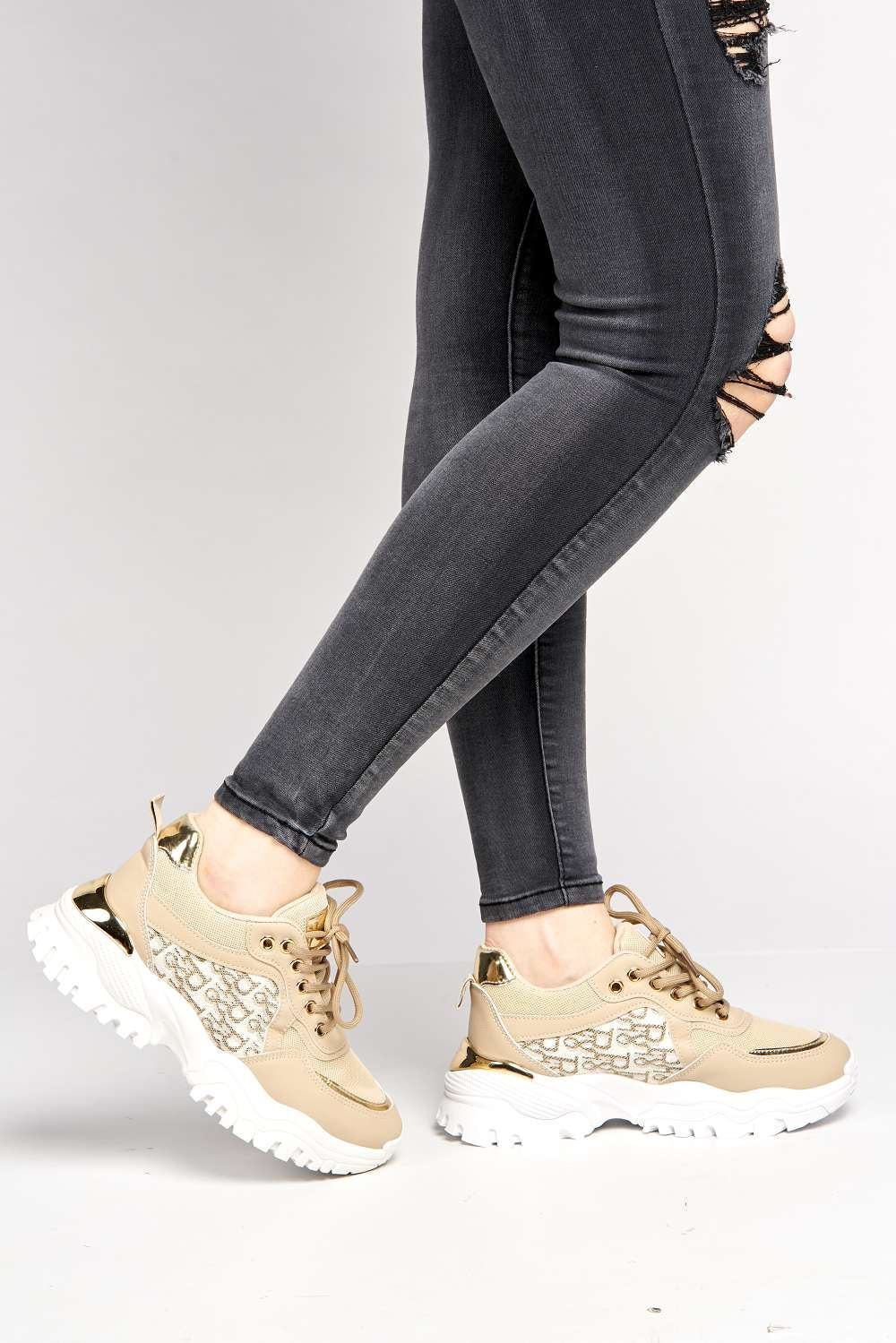 Castelo Knit & Text Detail Chunky Trainer in Nude - Image 3
