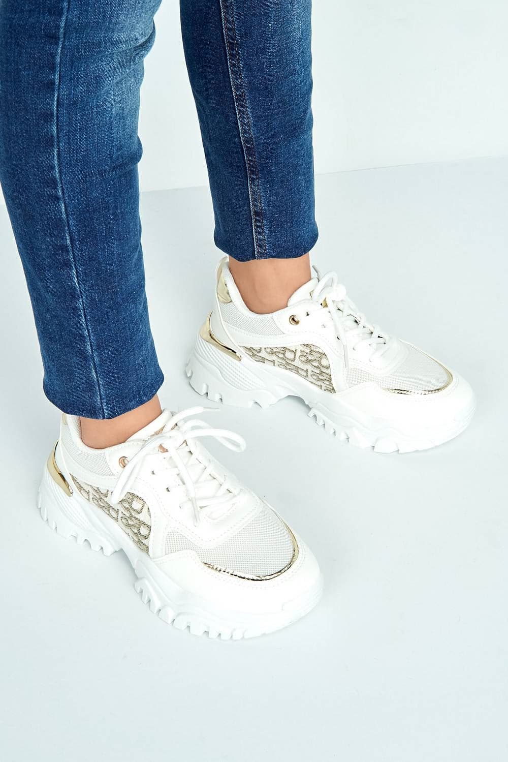 Castelo Knit & Text Detail Chunky Trainer in White - Image 2