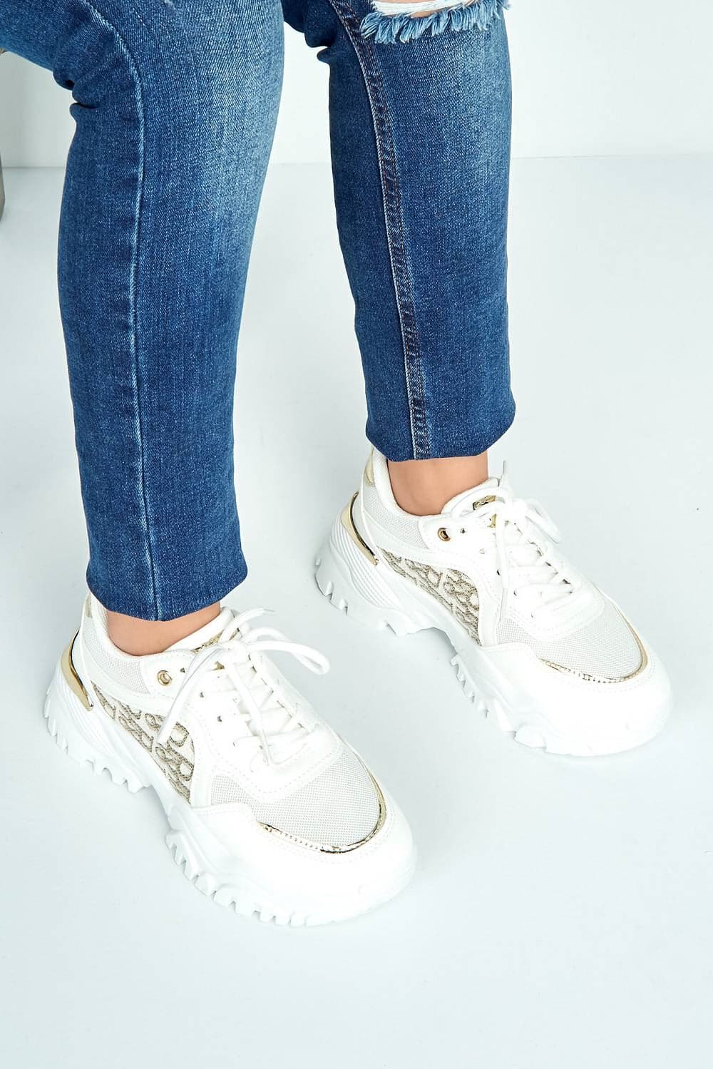 Castelo Knit & Text Detail Chunky Trainer in White - Image 3