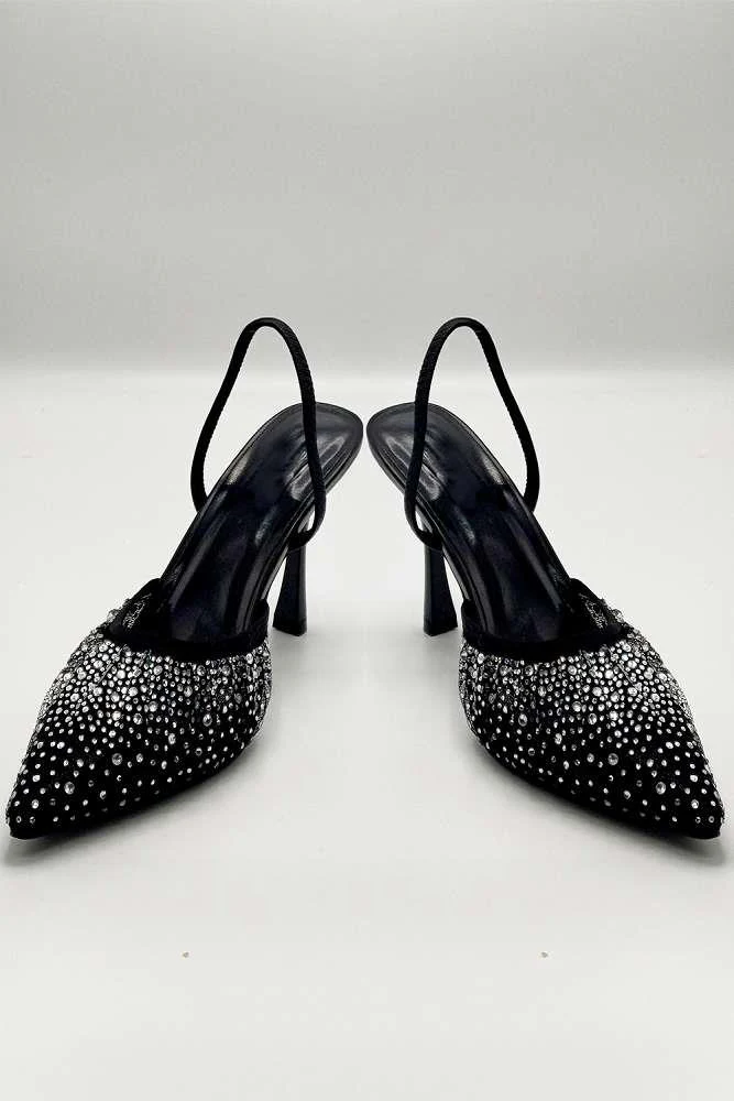 Cedilia Gemstone Embellished Mesh Slingback Court Shoes in Black - Image 3