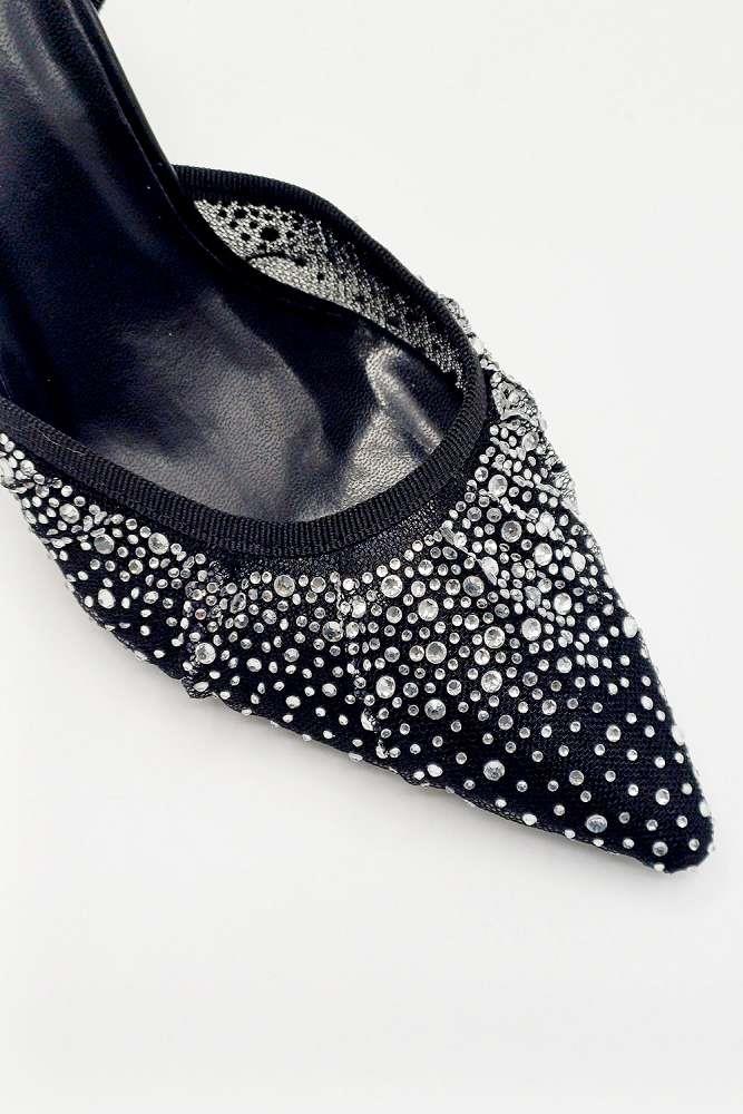 Cedilia Gemstone Embellished Mesh Slingback Court Shoes in Black - Image 4