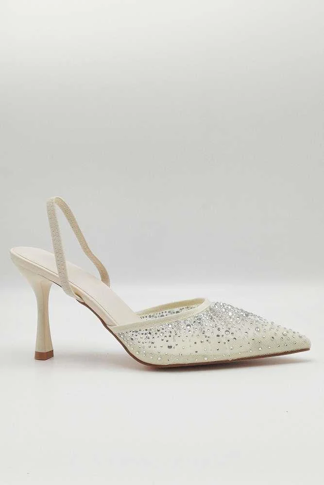 Cedilia Gemstone Embellished Mesh Slingback Court Shoes in Nude - Image 2