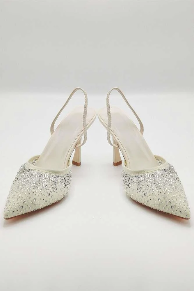 Cedilia Gemstone Embellished Mesh Slingback Court Shoes in Nude - Image 3