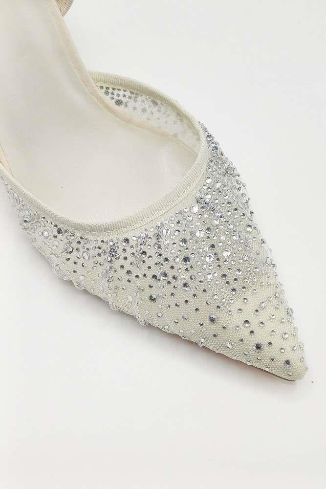 Cedilia Gemstone Embellished Mesh Slingback Court Shoes in Nude - Image 4