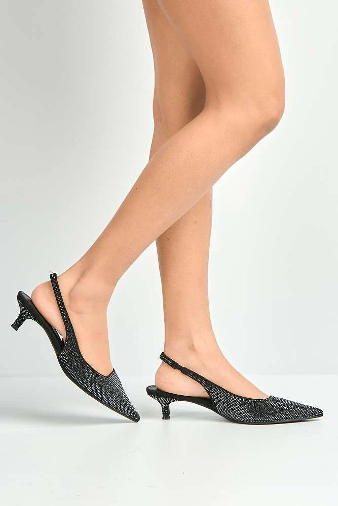Celeste Diamante Embellished Slingback Low Heel Court Shoes in Black - Image 3