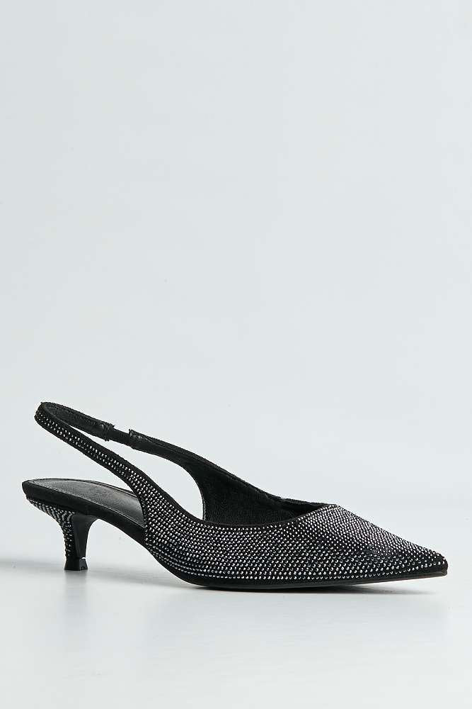 Celeste Diamante Embellished Slingback Low Heel Court Shoes in Black - Image 4