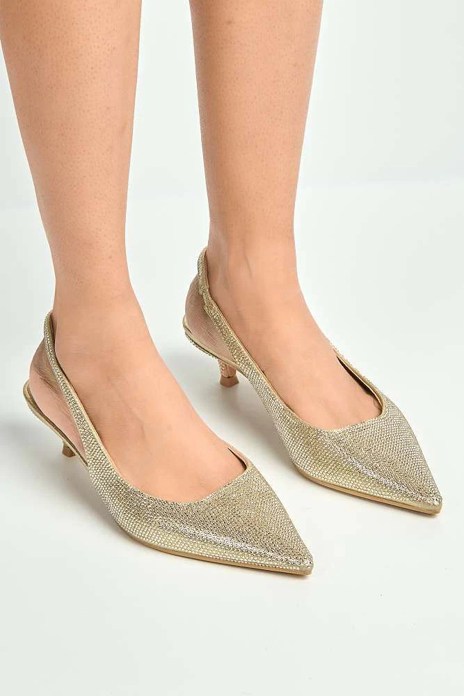 Celeste Diamante Embellished Slingback Low Heel Court Shoes in Gold
