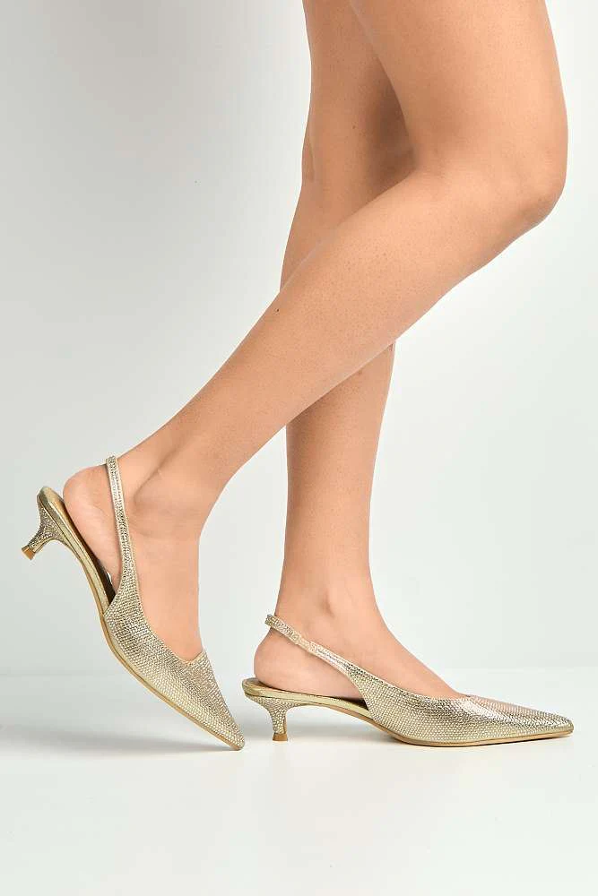Celeste Diamante Embellished Slingback Low Heel Court Shoes in Gold - Image 3