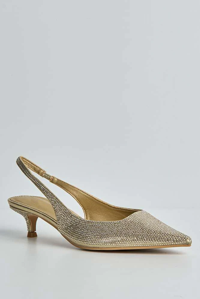 Celeste Diamante Embellished Slingback Low Heel Court Shoes in Gold - Image 4