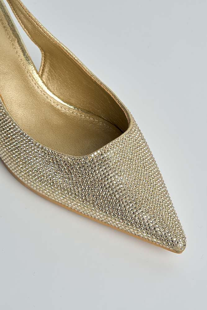 Celeste Diamante Embellished Slingback Low Heel Court Shoes in Gold - Image 5