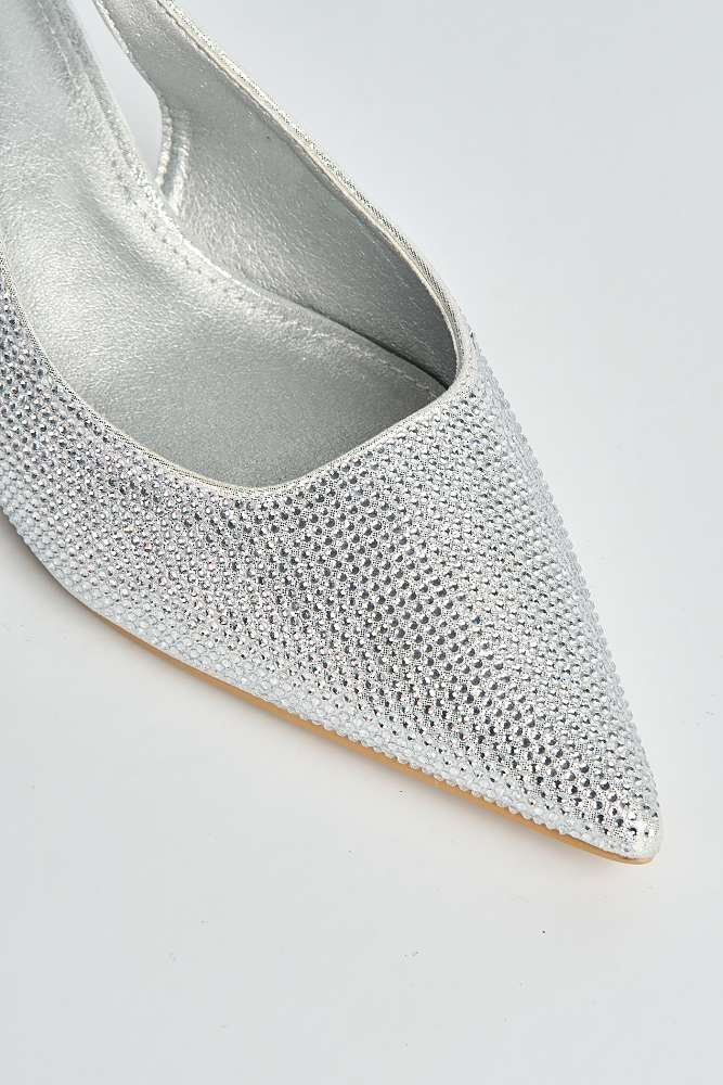 Celeste Diamante Embellished Slingback Low Heel Court Shoes in Silver - Image 5