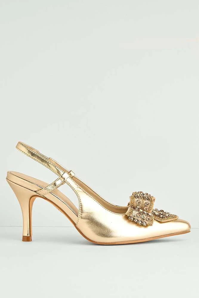 Celia Diamante Bow Pointed Toe Slingback Court Shoes in Gold - Image 6