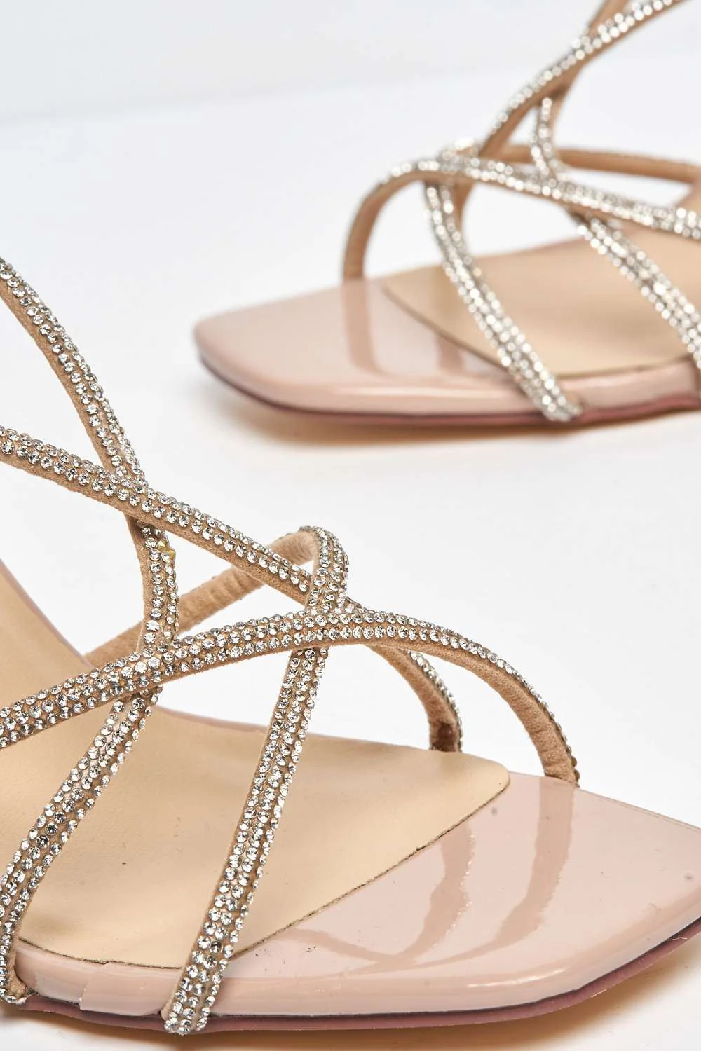 Celina Diamante Lace Up Perspex Block Heels in Nude Patent - Image 5