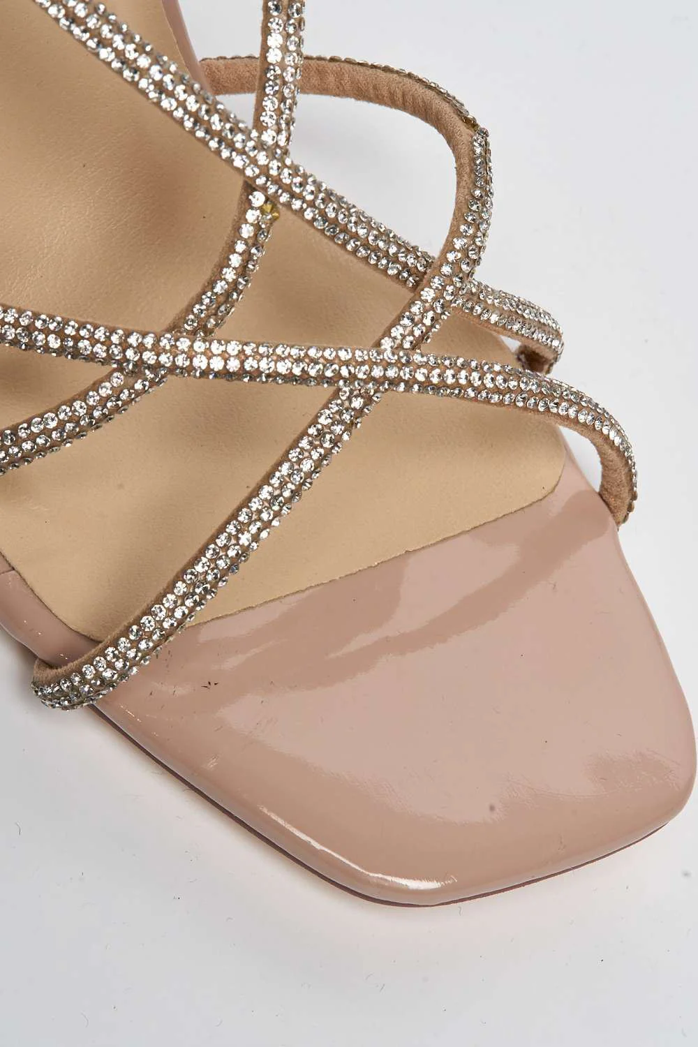 Celina Diamante Lace Up Perspex Block Heels in Nude Patent - Image 6