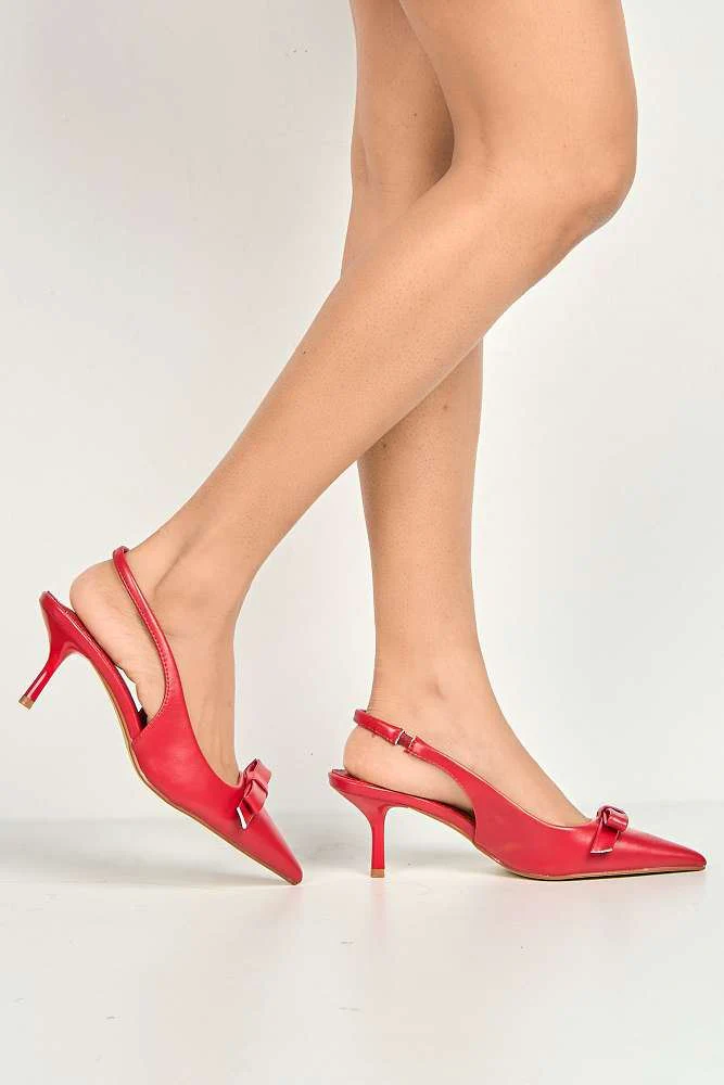 Cheri Bow Detail Kitten Heel Slingback Court Shoes in Red - Image 3